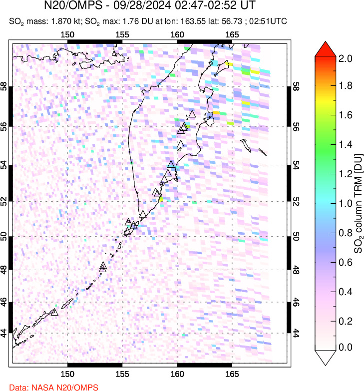 A sulfur dioxide image over Kamchatka, Russian Federation on Sep 28, 2024.