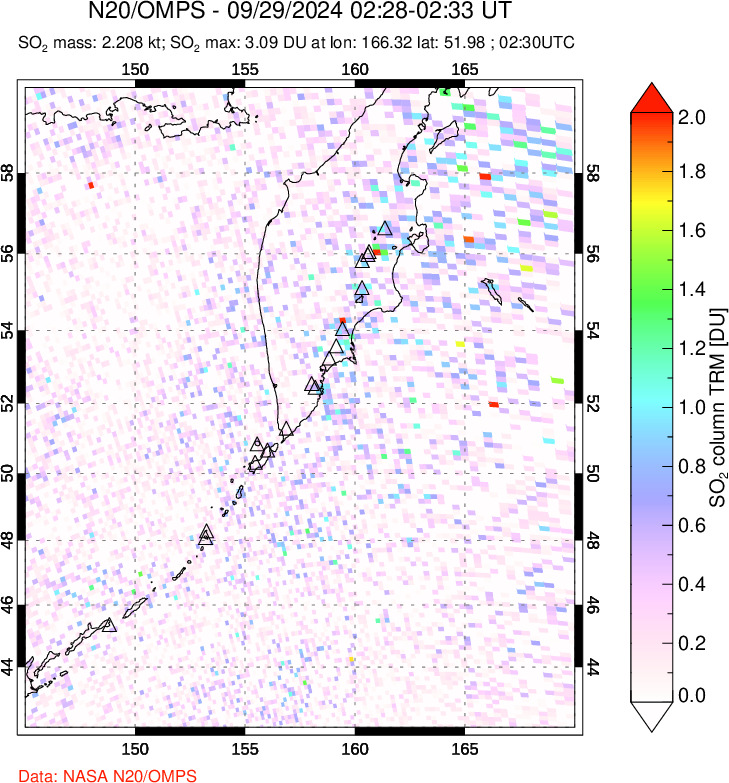 A sulfur dioxide image over Kamchatka, Russian Federation on Sep 29, 2024.