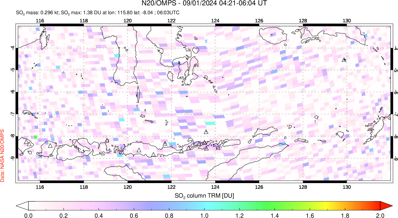 A sulfur dioxide image over Lesser Sunda Islands, Indonesia on Sep 01, 2024.