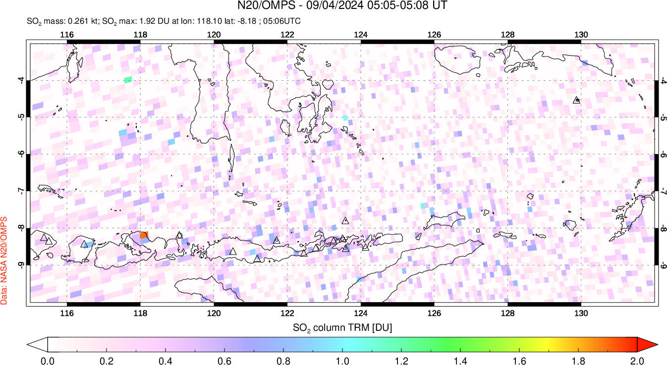 A sulfur dioxide image over Lesser Sunda Islands, Indonesia on Sep 04, 2024.