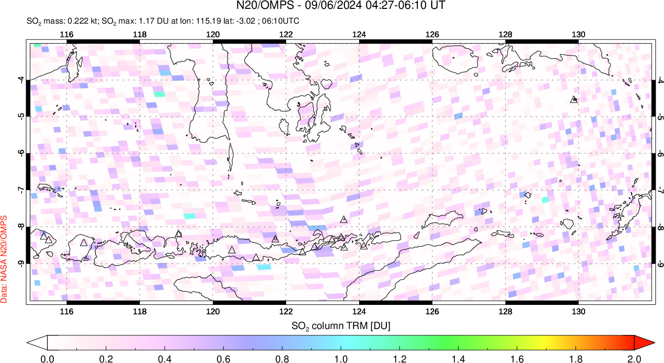 A sulfur dioxide image over Lesser Sunda Islands, Indonesia on Sep 06, 2024.