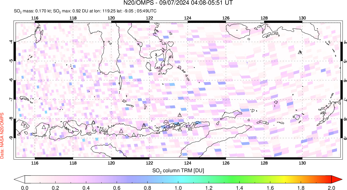 A sulfur dioxide image over Lesser Sunda Islands, Indonesia on Sep 07, 2024.