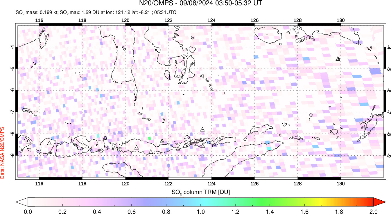 A sulfur dioxide image over Lesser Sunda Islands, Indonesia on Sep 08, 2024.