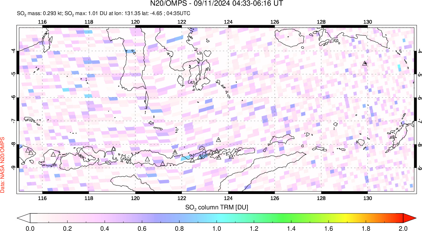 A sulfur dioxide image over Lesser Sunda Islands, Indonesia on Sep 11, 2024.