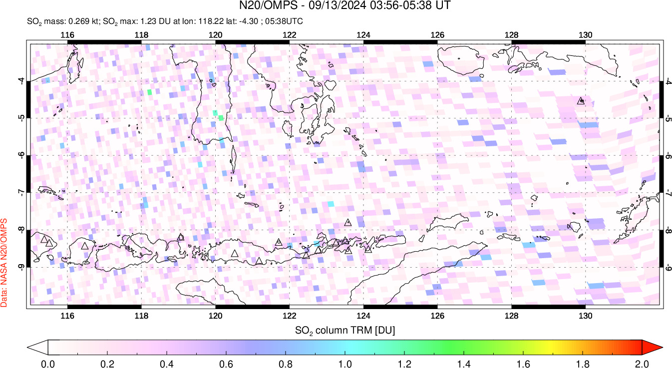 A sulfur dioxide image over Lesser Sunda Islands, Indonesia on Sep 13, 2024.