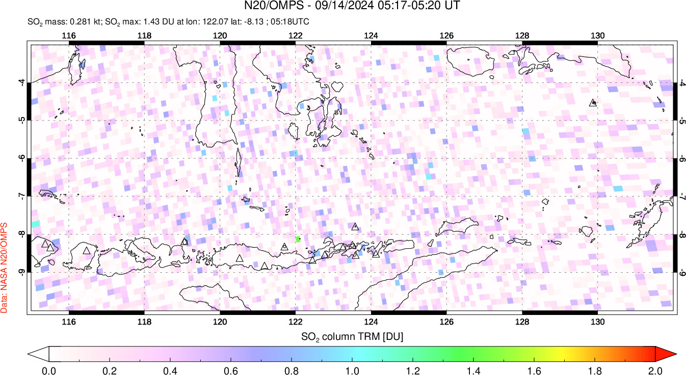 A sulfur dioxide image over Lesser Sunda Islands, Indonesia on Sep 14, 2024.