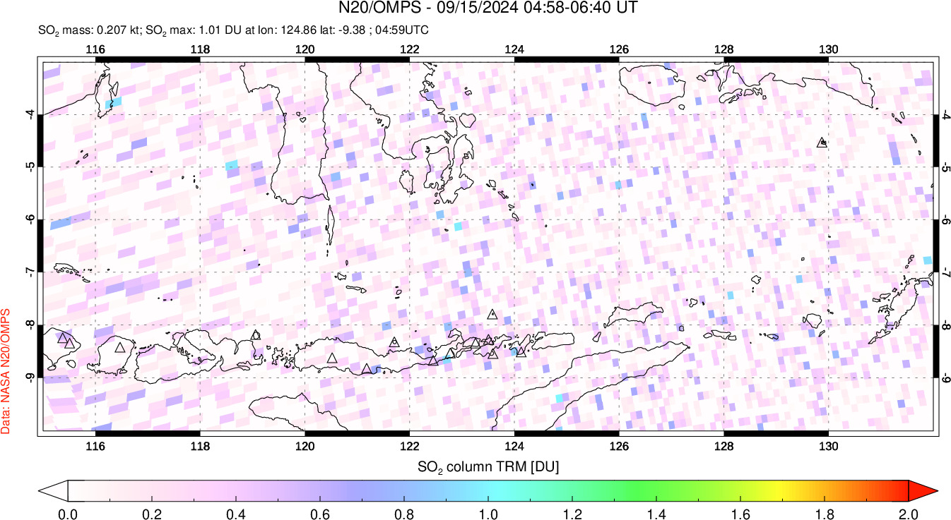 A sulfur dioxide image over Lesser Sunda Islands, Indonesia on Sep 15, 2024.