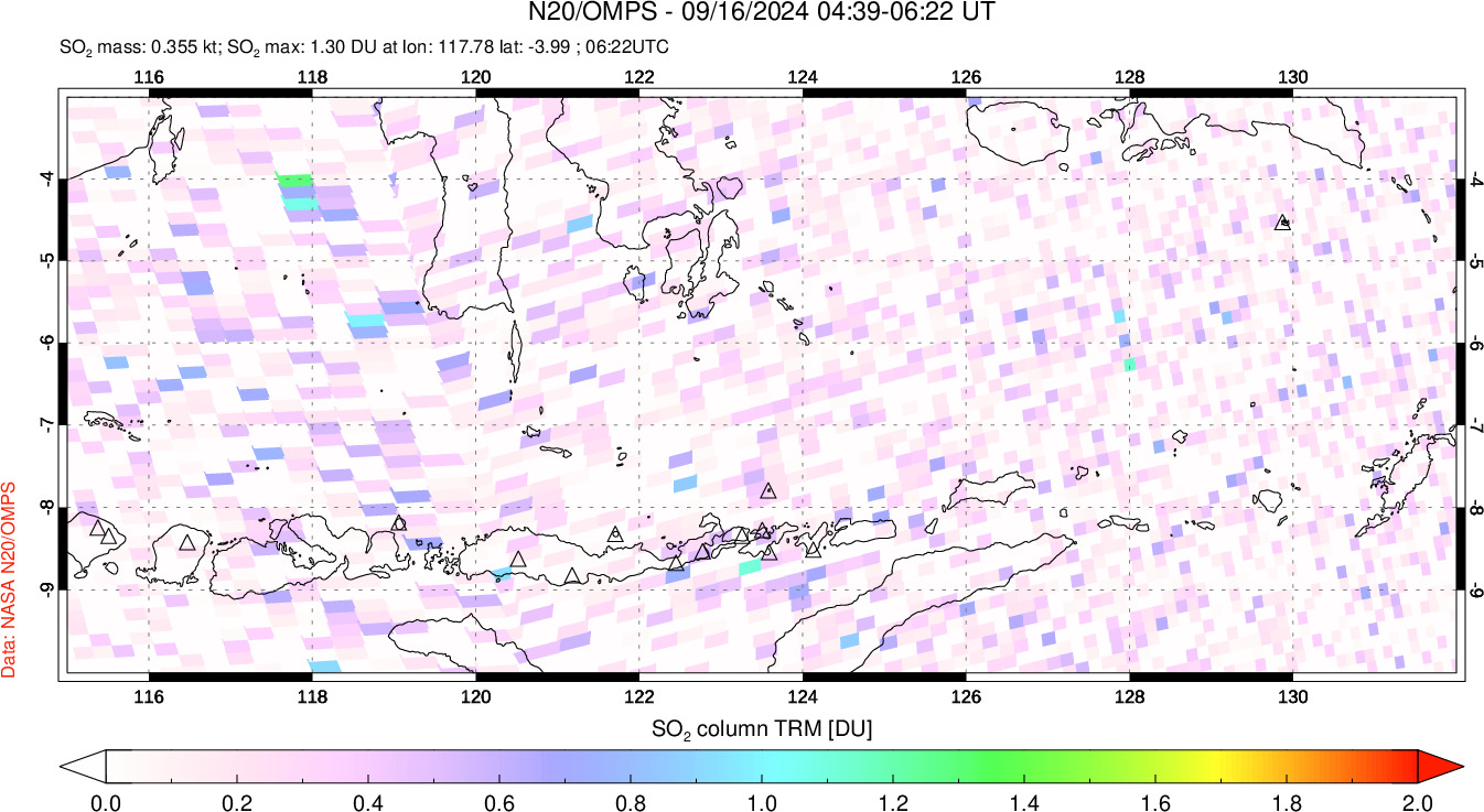 A sulfur dioxide image over Lesser Sunda Islands, Indonesia on Sep 16, 2024.