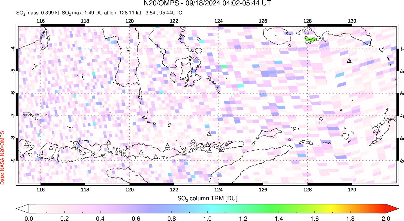 A sulfur dioxide image over Lesser Sunda Islands, Indonesia on Sep 18, 2024.