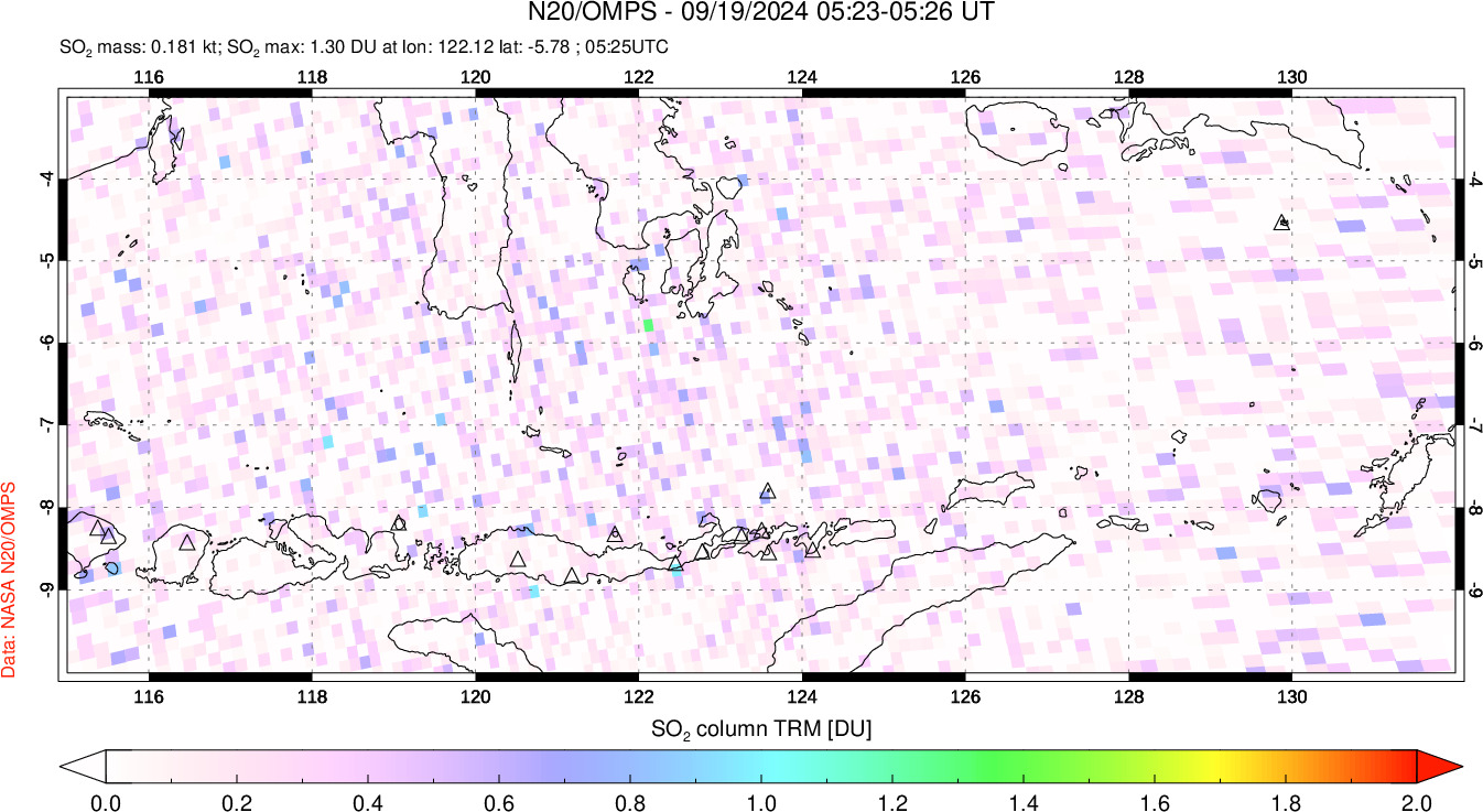 A sulfur dioxide image over Lesser Sunda Islands, Indonesia on Sep 19, 2024.