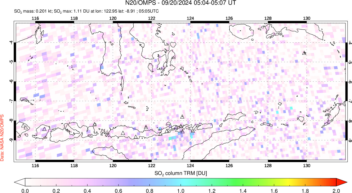 A sulfur dioxide image over Lesser Sunda Islands, Indonesia on Sep 20, 2024.