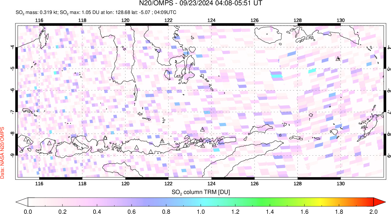 A sulfur dioxide image over Lesser Sunda Islands, Indonesia on Sep 23, 2024.