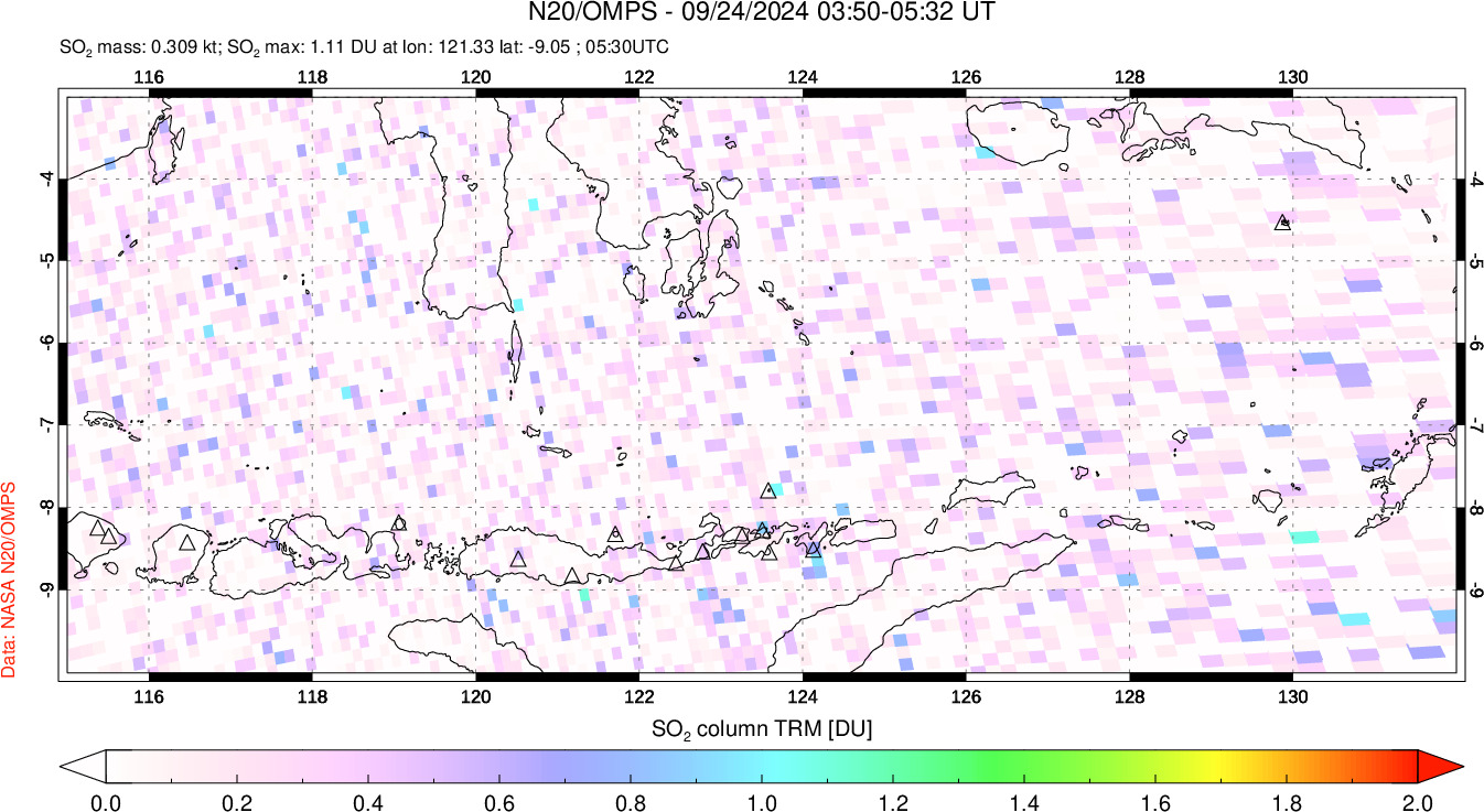 A sulfur dioxide image over Lesser Sunda Islands, Indonesia on Sep 24, 2024.