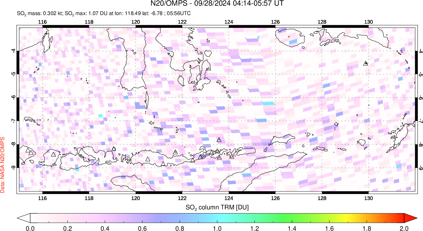 A sulfur dioxide image over Lesser Sunda Islands, Indonesia on Sep 28, 2024.