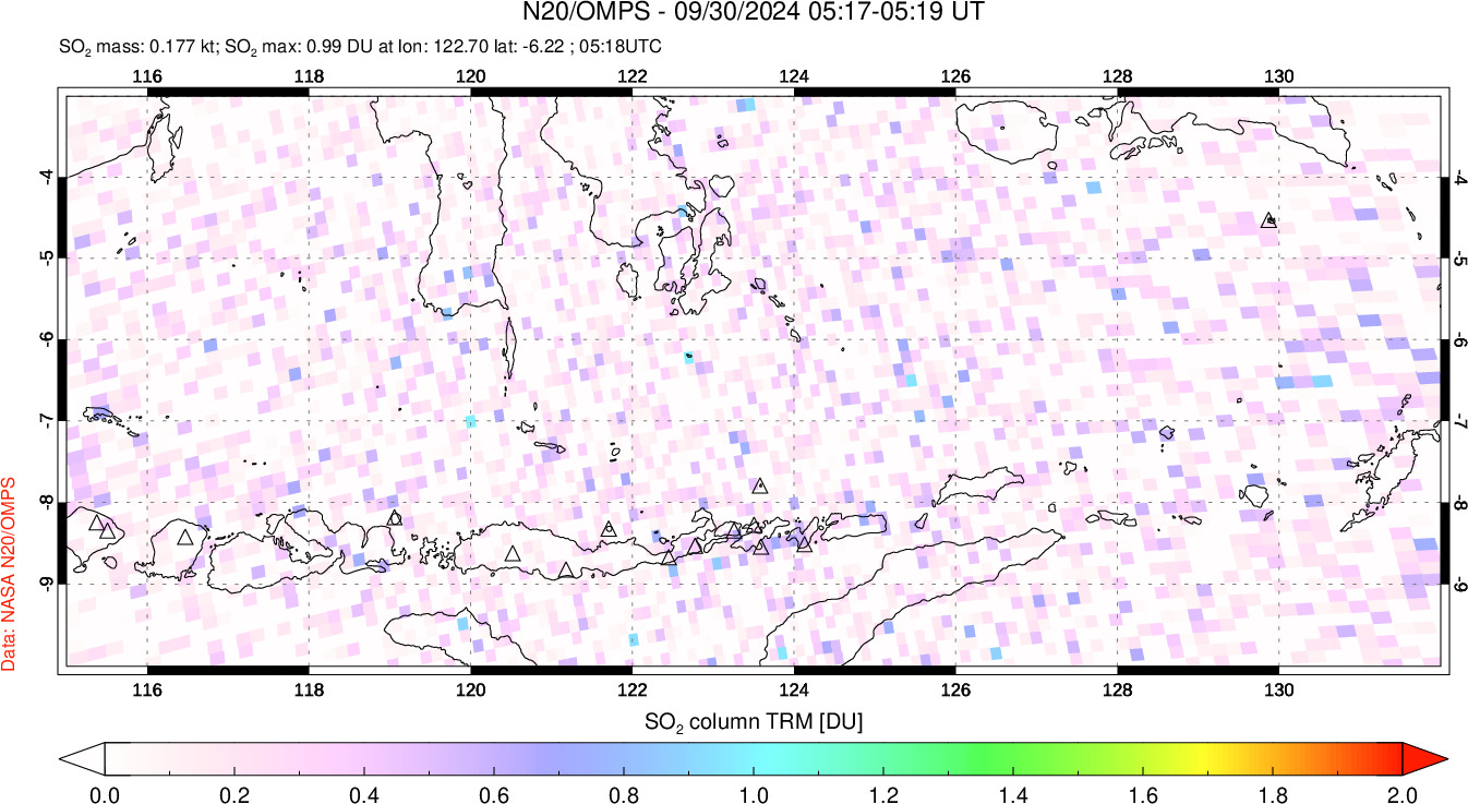 A sulfur dioxide image over Lesser Sunda Islands, Indonesia on Sep 30, 2024.