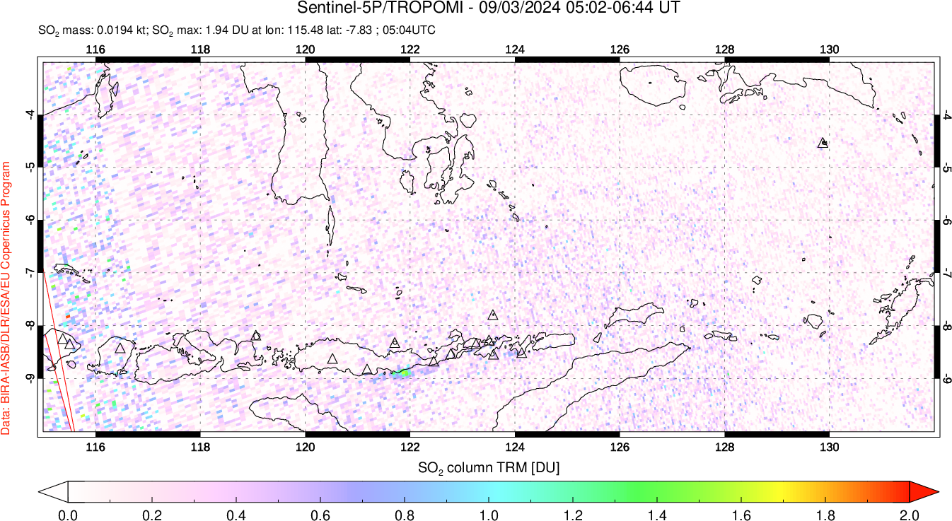 A sulfur dioxide image over Lesser Sunda Islands, Indonesia on Sep 03, 2024.