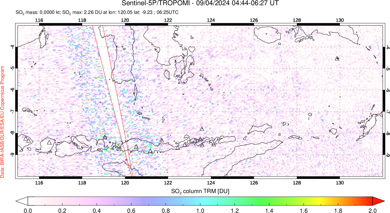 A sulfur dioxide image over Lesser Sunda Islands, Indonesia on Sep 04, 2024.