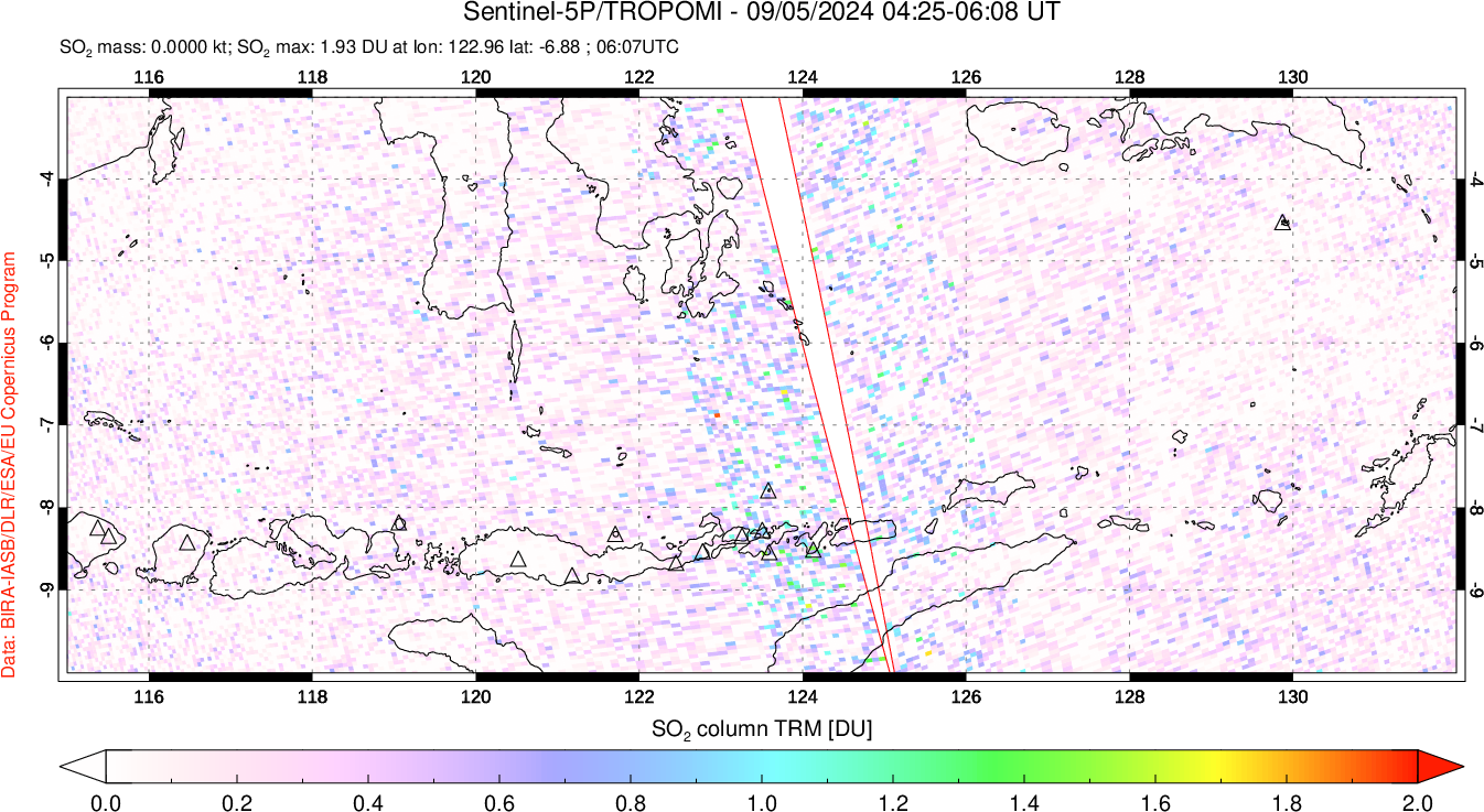 A sulfur dioxide image over Lesser Sunda Islands, Indonesia on Sep 05, 2024.