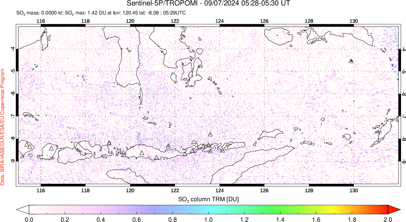 A sulfur dioxide image over Lesser Sunda Islands, Indonesia on Sep 07, 2024.