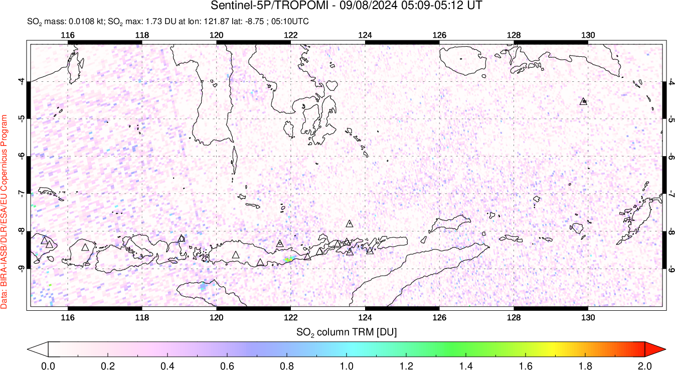 A sulfur dioxide image over Lesser Sunda Islands, Indonesia on Sep 08, 2024.