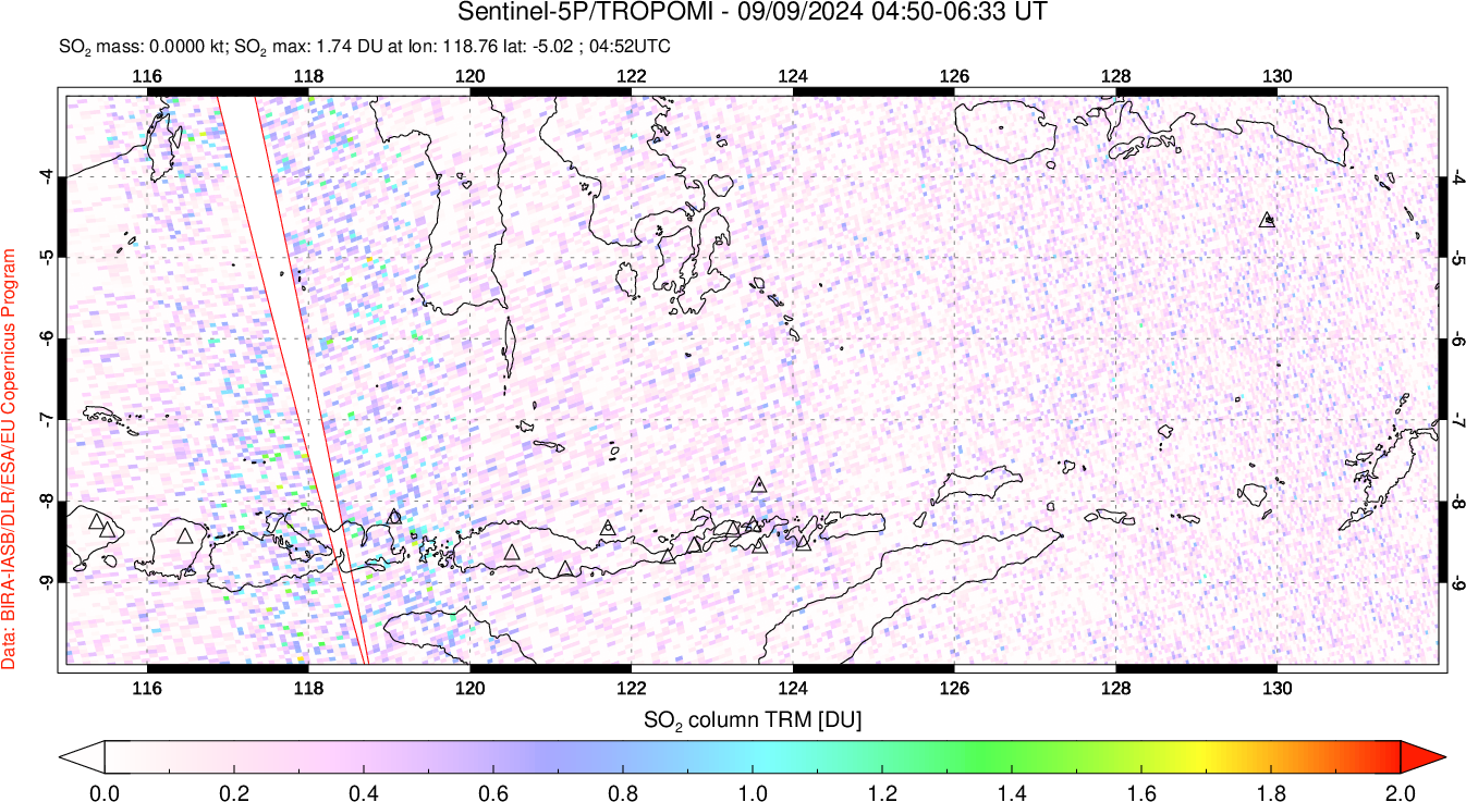 A sulfur dioxide image over Lesser Sunda Islands, Indonesia on Sep 09, 2024.