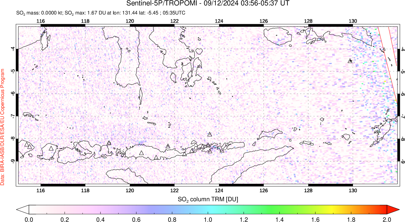 A sulfur dioxide image over Lesser Sunda Islands, Indonesia on Sep 12, 2024.