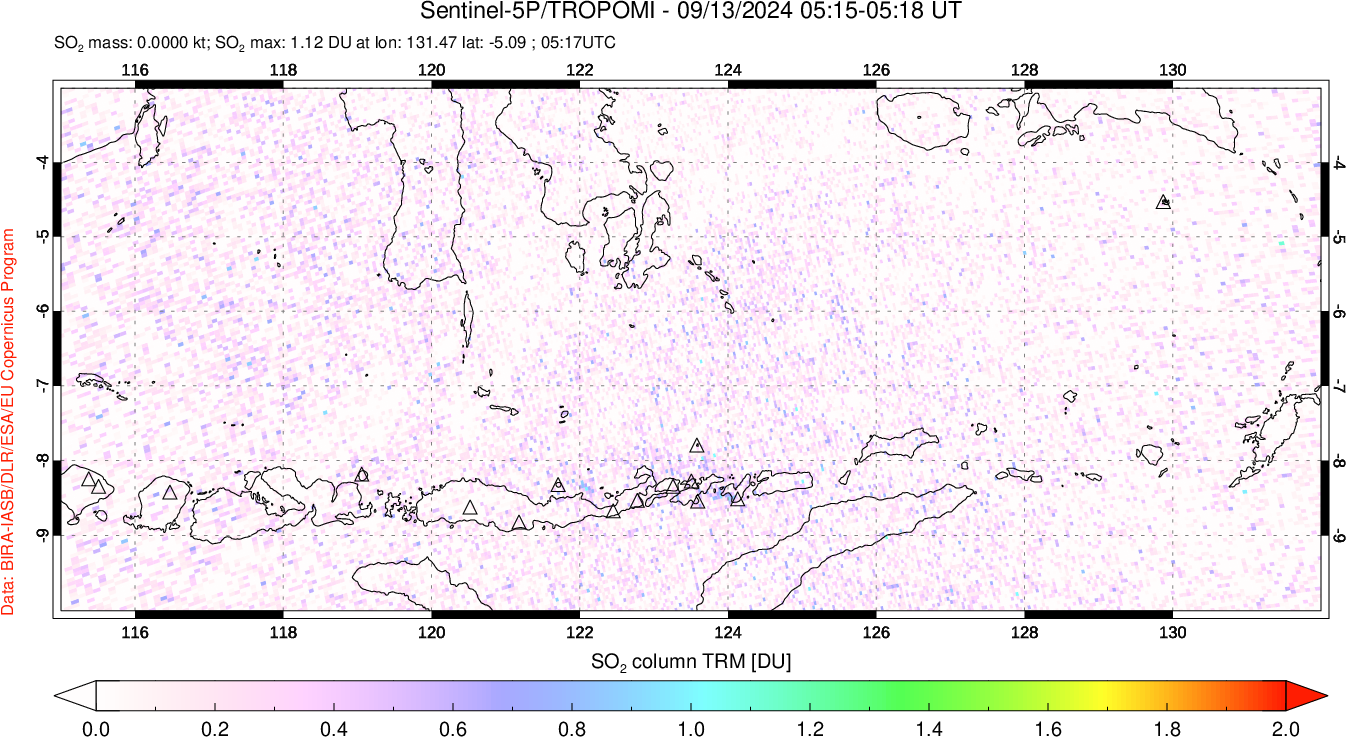 A sulfur dioxide image over Lesser Sunda Islands, Indonesia on Sep 13, 2024.