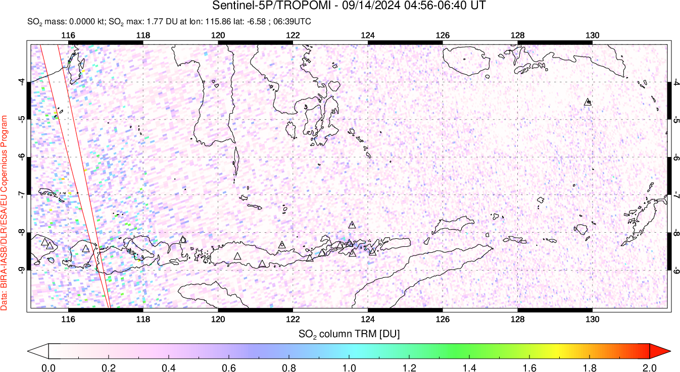 A sulfur dioxide image over Lesser Sunda Islands, Indonesia on Sep 14, 2024.