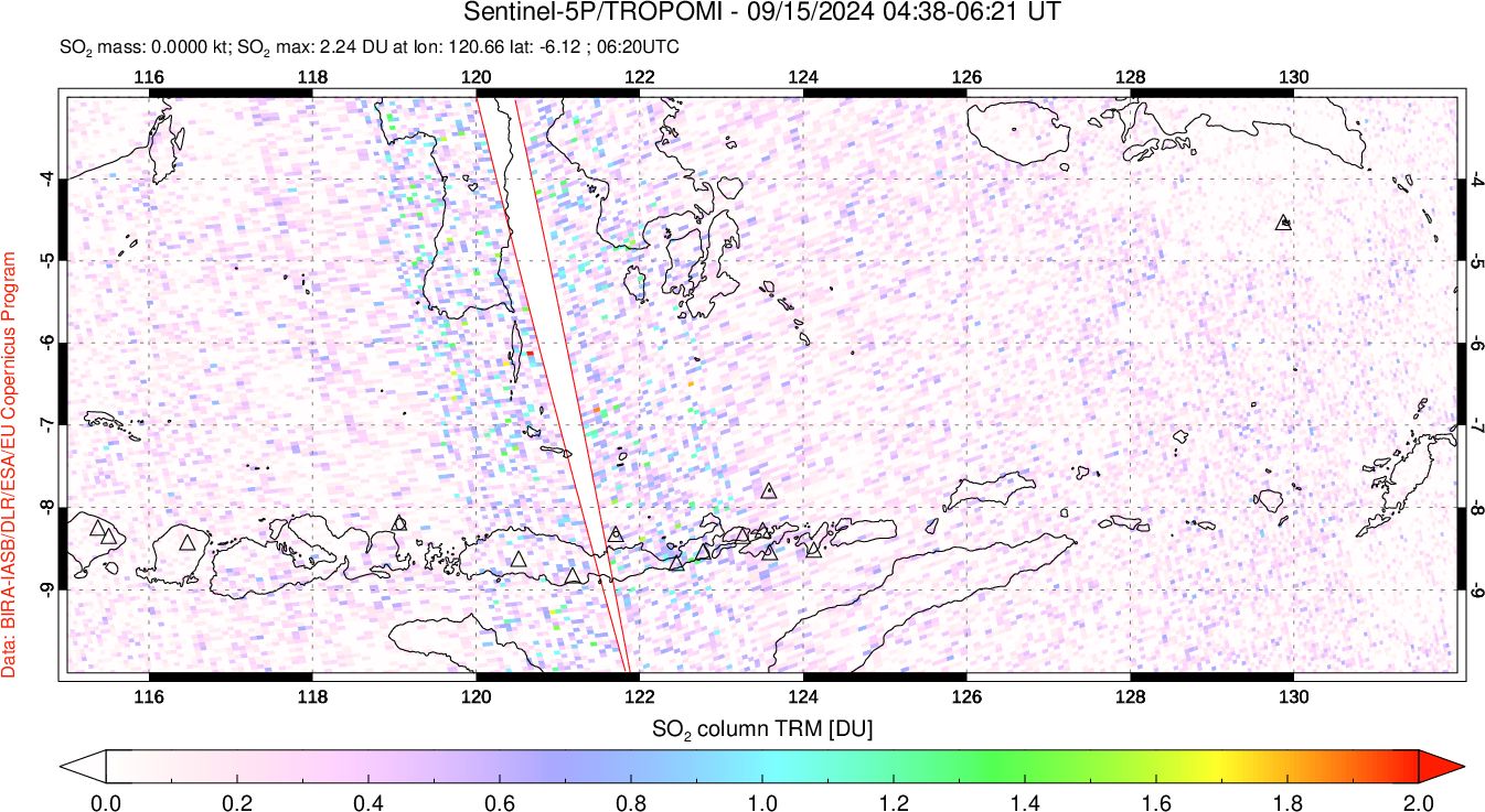 A sulfur dioxide image over Lesser Sunda Islands, Indonesia on Sep 15, 2024.