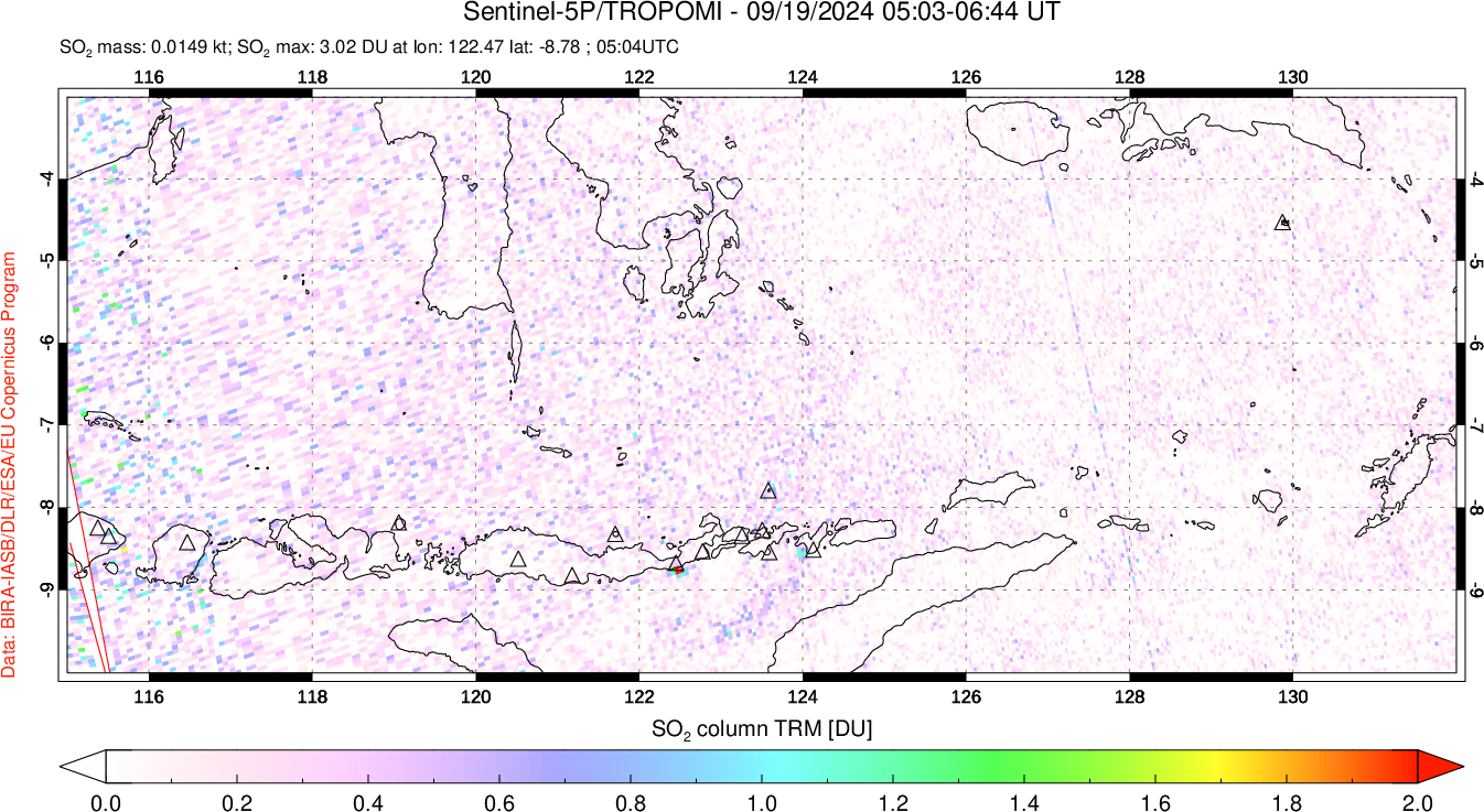 A sulfur dioxide image over Lesser Sunda Islands, Indonesia on Sep 19, 2024.