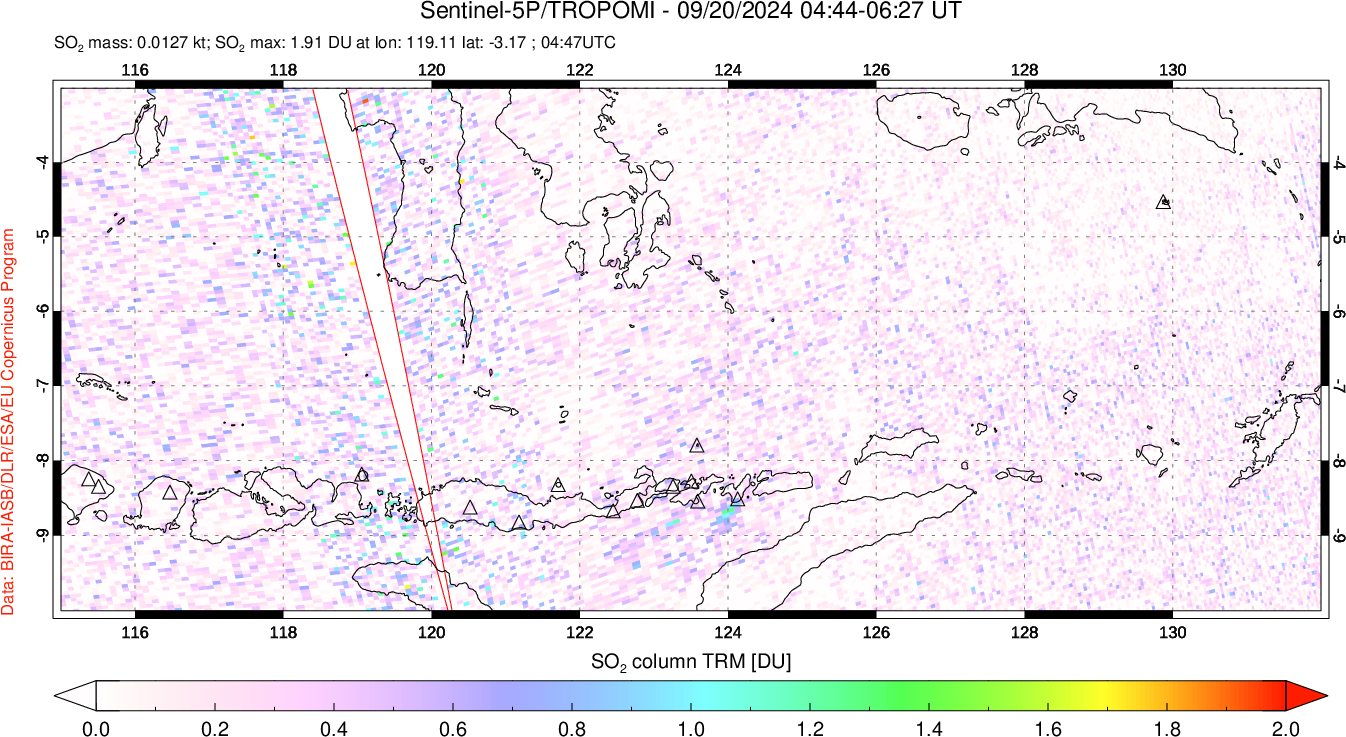 A sulfur dioxide image over Lesser Sunda Islands, Indonesia on Sep 20, 2024.