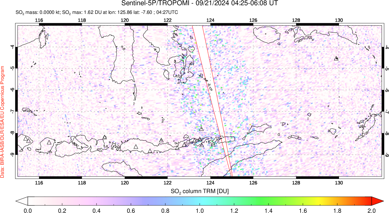 A sulfur dioxide image over Lesser Sunda Islands, Indonesia on Sep 21, 2024.