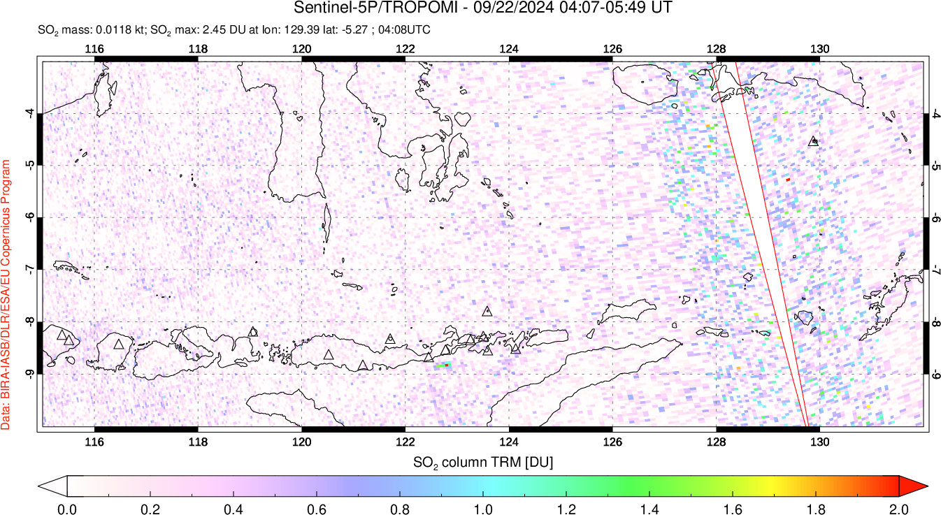 A sulfur dioxide image over Lesser Sunda Islands, Indonesia on Sep 22, 2024.