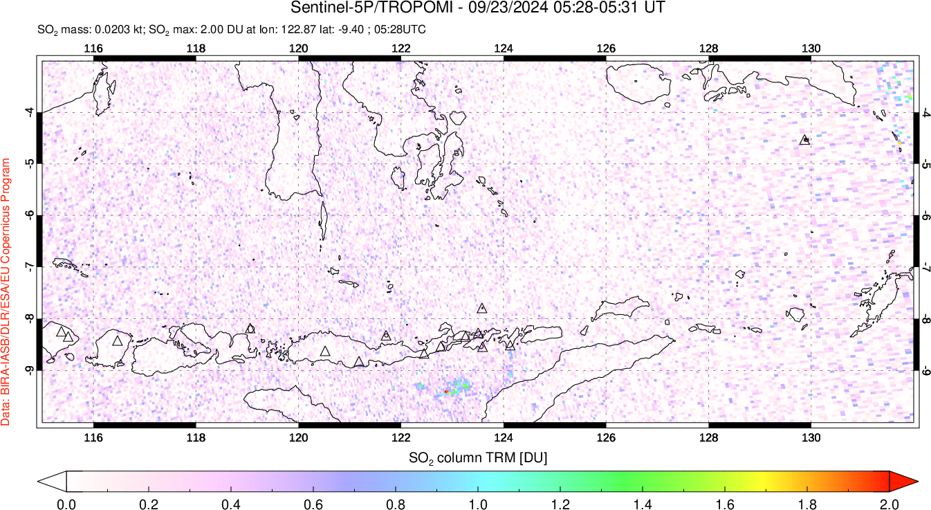 A sulfur dioxide image over Lesser Sunda Islands, Indonesia on Sep 23, 2024.