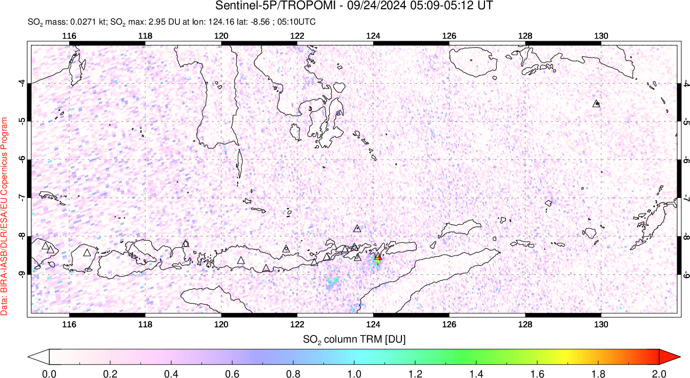 A sulfur dioxide image over Lesser Sunda Islands, Indonesia on Sep 24, 2024.