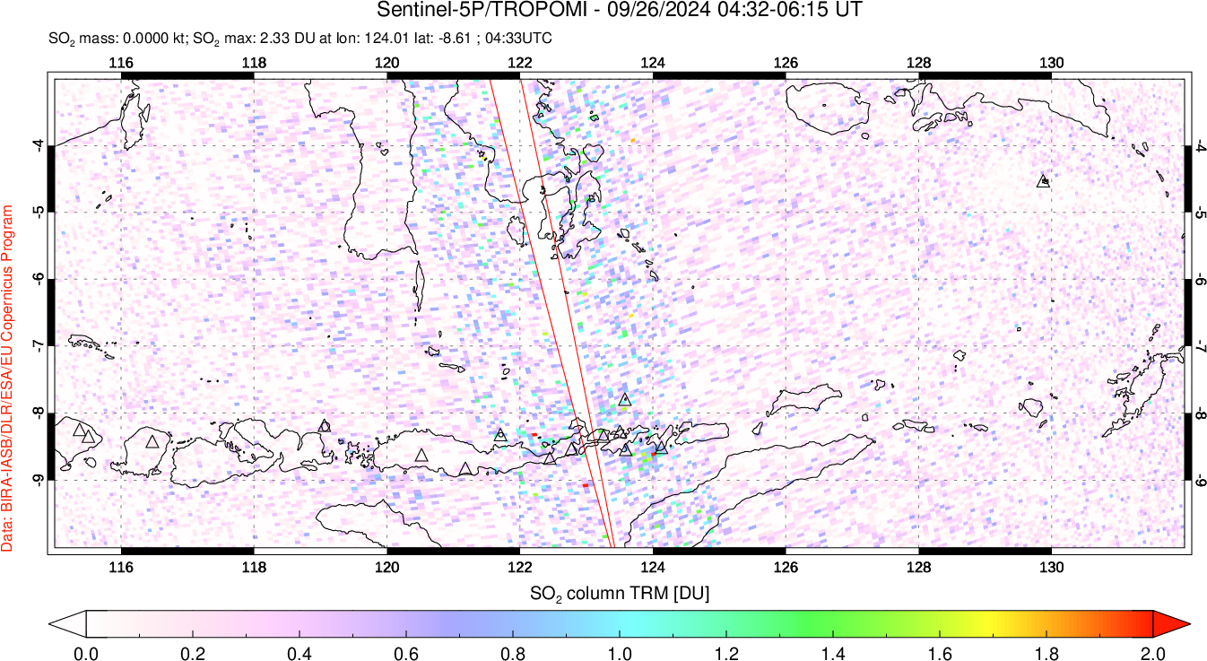 A sulfur dioxide image over Lesser Sunda Islands, Indonesia on Sep 26, 2024.