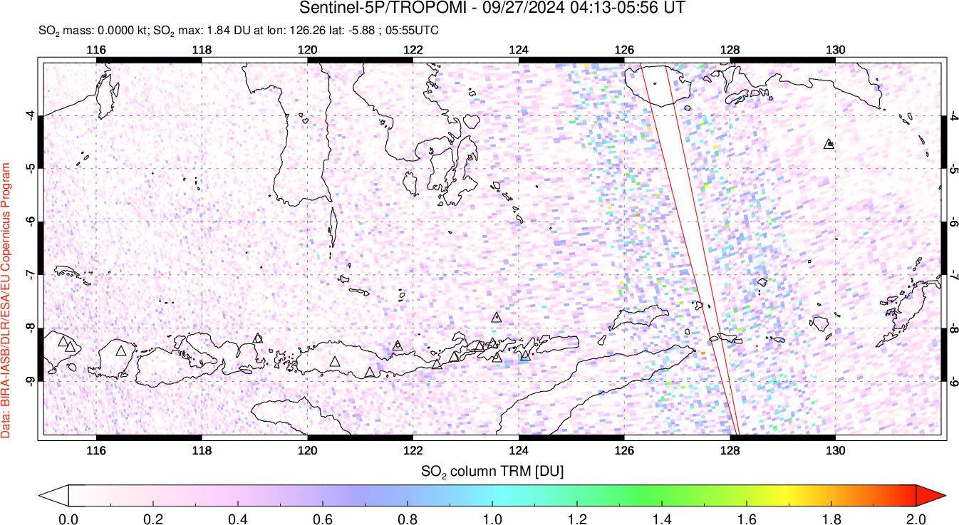 A sulfur dioxide image over Lesser Sunda Islands, Indonesia on Sep 27, 2024.