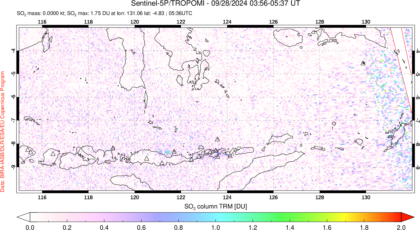 A sulfur dioxide image over Lesser Sunda Islands, Indonesia on Sep 28, 2024.