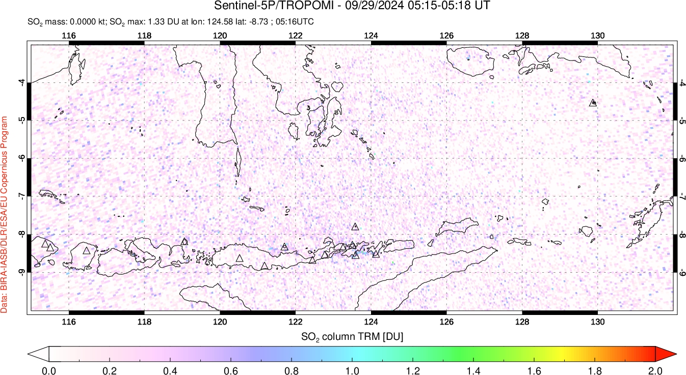 A sulfur dioxide image over Lesser Sunda Islands, Indonesia on Sep 29, 2024.