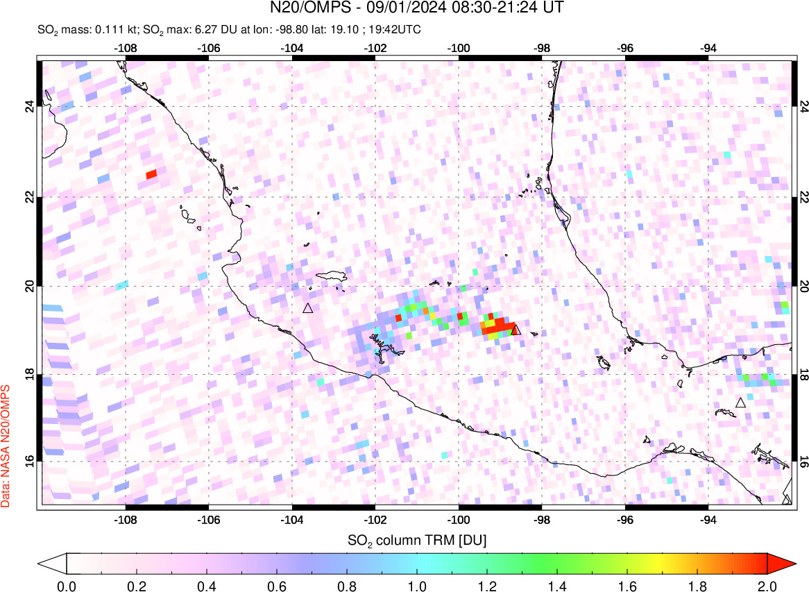 A sulfur dioxide image over Mexico on Sep 01, 2024.