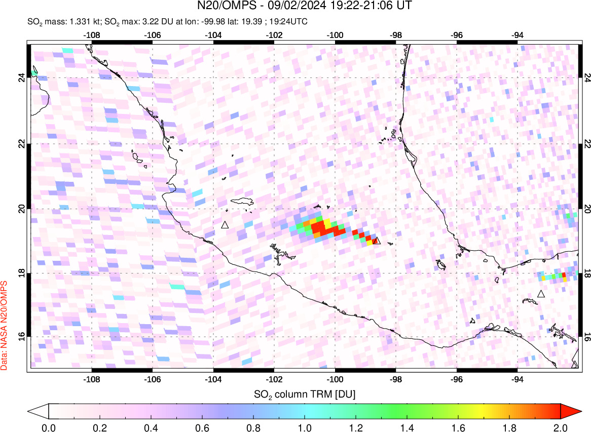 A sulfur dioxide image over Mexico on Sep 02, 2024.