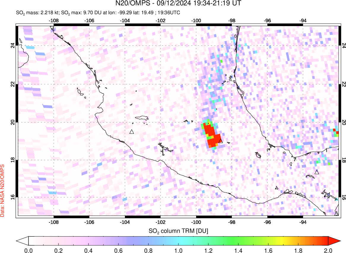 A sulfur dioxide image over Mexico on Sep 12, 2024.