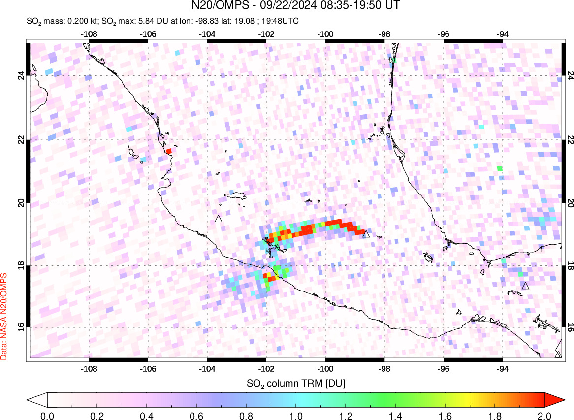 A sulfur dioxide image over Mexico on Sep 22, 2024.