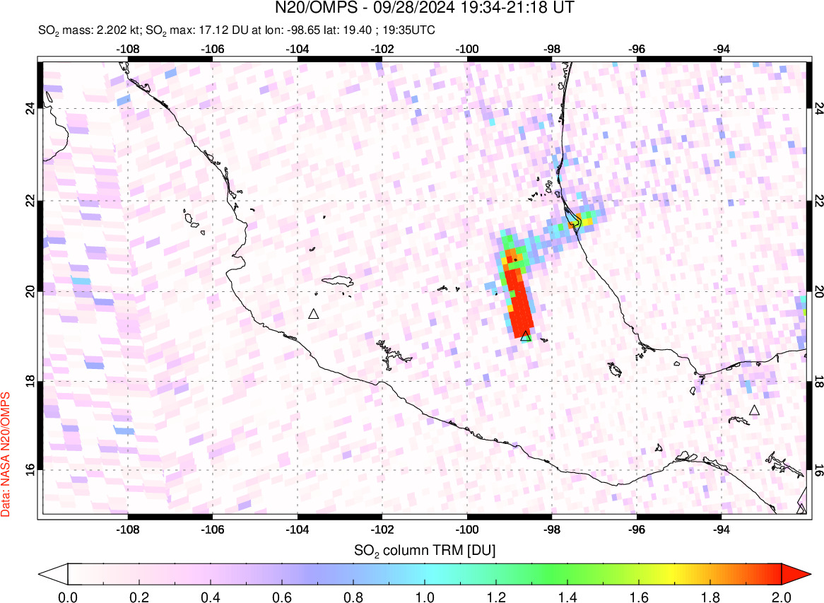 A sulfur dioxide image over Mexico on Sep 28, 2024.