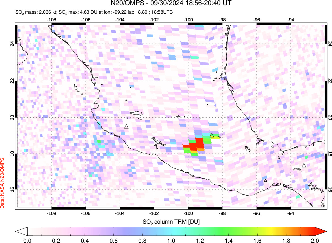 A sulfur dioxide image over Mexico on Sep 30, 2024.