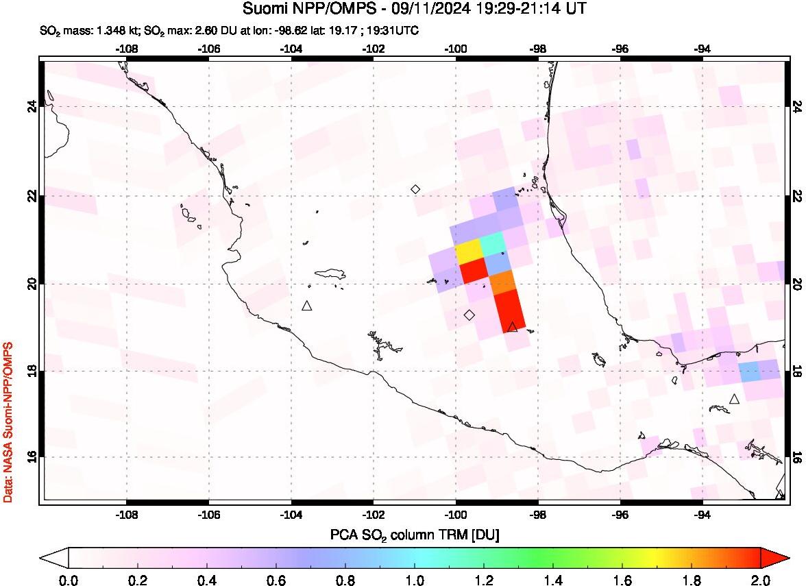 A sulfur dioxide image over Mexico on Sep 11, 2024.