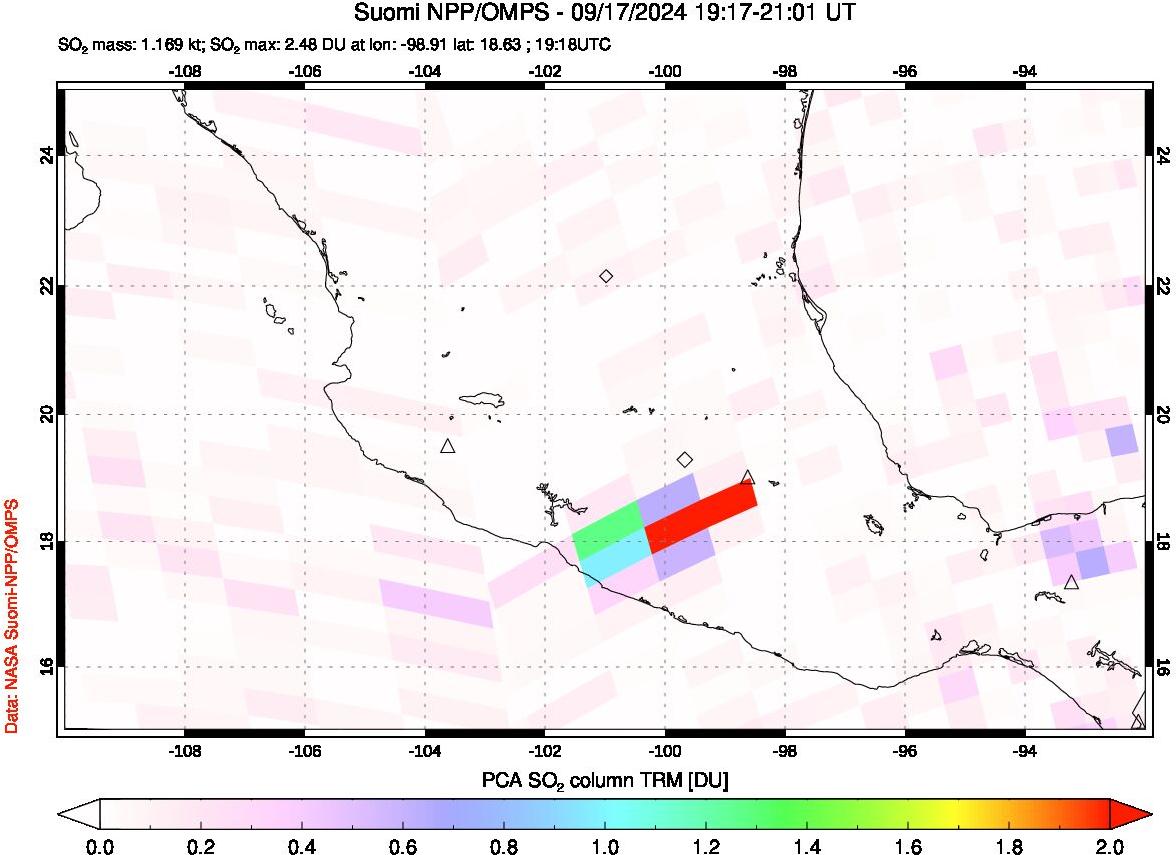 A sulfur dioxide image over Mexico on Sep 17, 2024.