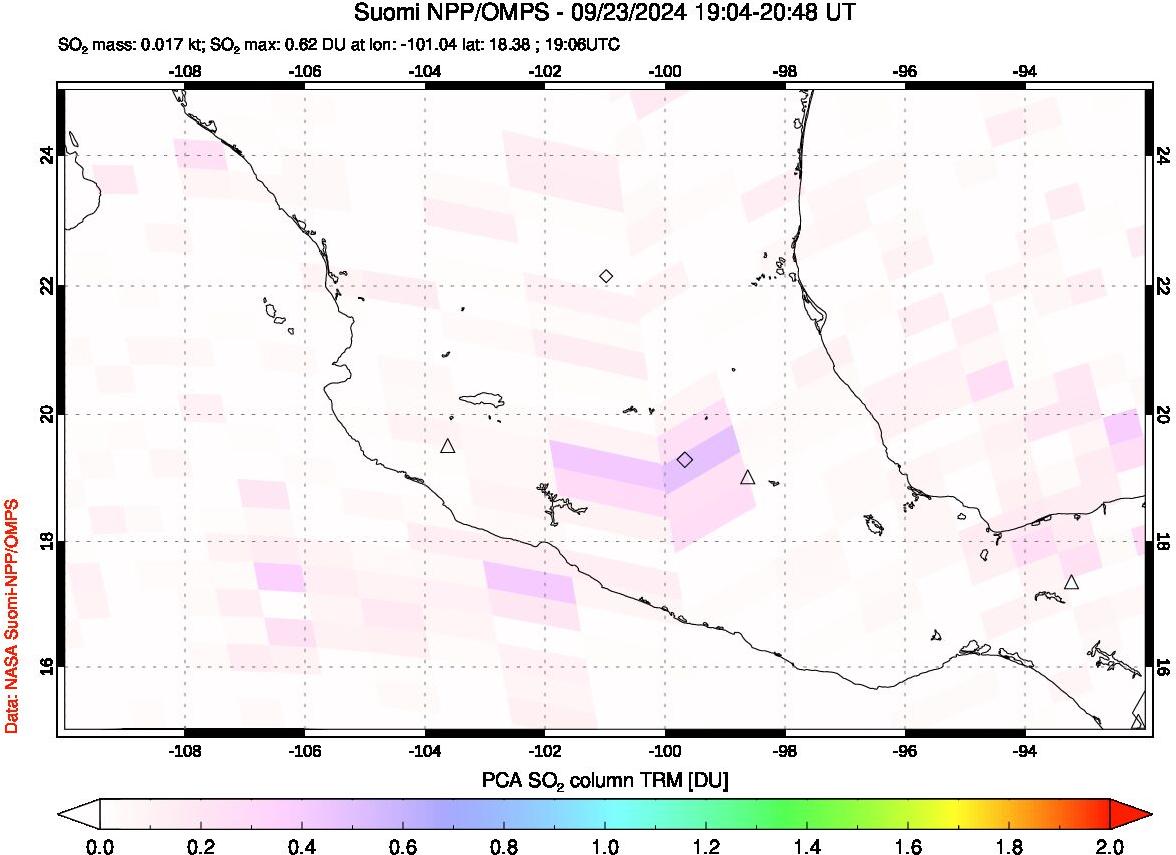 A sulfur dioxide image over Mexico on Sep 23, 2024.