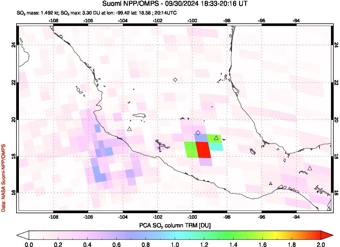 A sulfur dioxide image over Mexico on Sep 30, 2024.