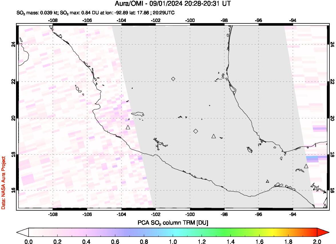 A sulfur dioxide image over Mexico on Sep 01, 2024.